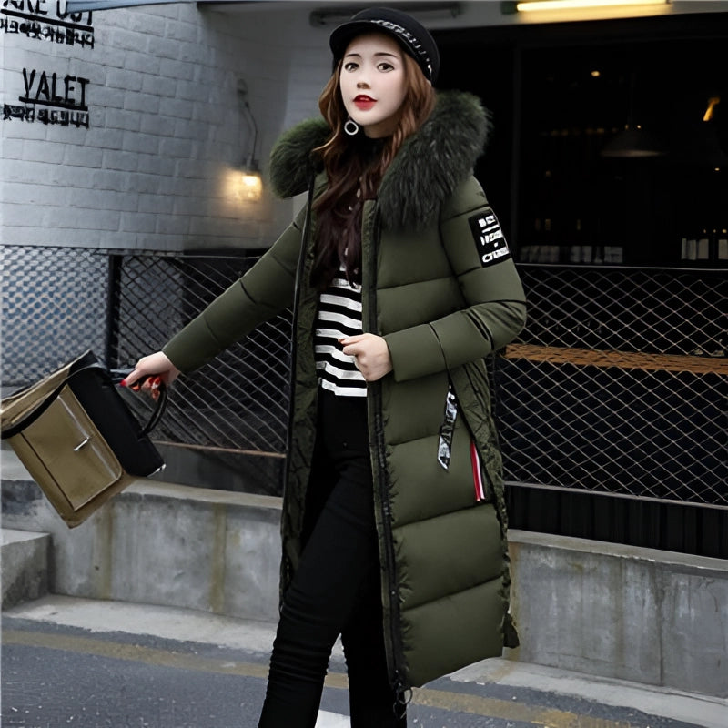 Women's Stylish Black Insulated Puffer Coat with Faux Fur Hood - Warm Winter Jacket