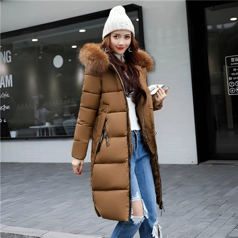 Women's Stylish Black Insulated Puffer Coat with Faux Fur Hood - Warm Winter Jacket
