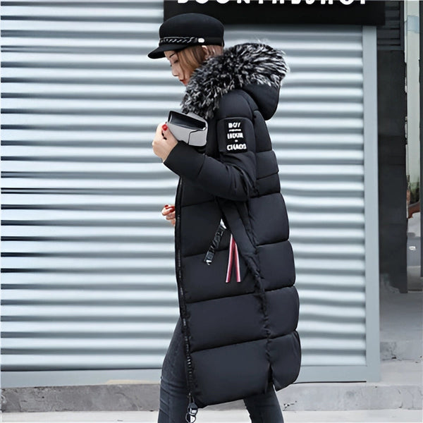 Women's Stylish Black Insulated Puffer Coat with Faux Fur Hood - Warm Winter Jacket