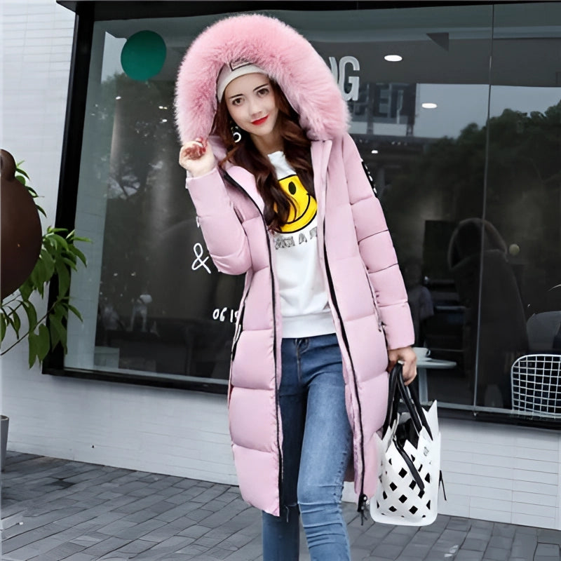 Women's Stylish Black Insulated Puffer Coat with Faux Fur Hood - Warm Winter Jacket