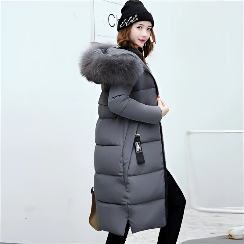 Women's Stylish Black Insulated Puffer Coat with Faux Fur Hood - Warm Winter Jacket