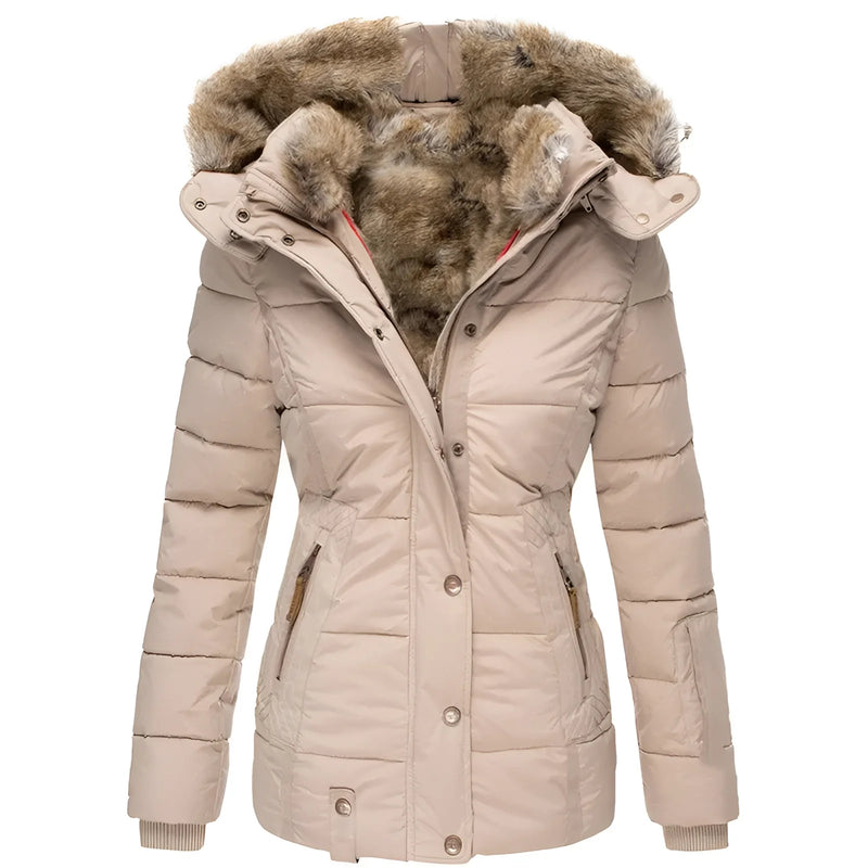 Stylish Women's Black Insulated Puffer Jacket with Faux Fur Collar - Warm & Trendy Outerwear