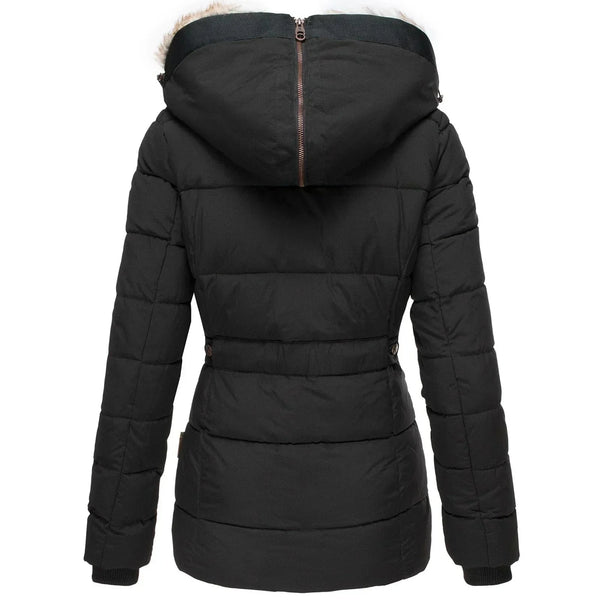 Stylish Women's Black Insulated Puffer Jacket with Faux Fur Collar - Warm & Trendy Outerwear