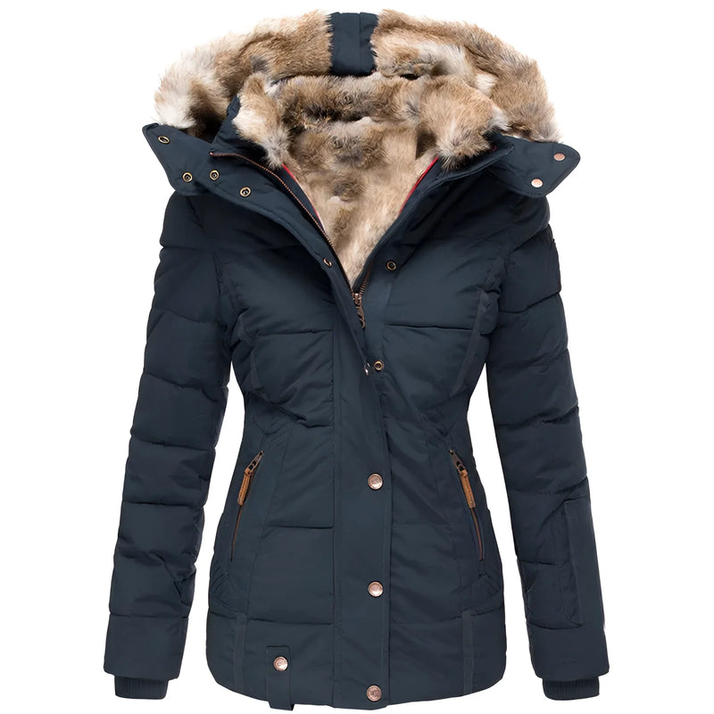 Stylish Women's Black Insulated Puffer Jacket with Faux Fur Collar - Warm & Trendy Outerwear