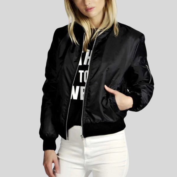Trendy Women's Black Satin Bomber Jacket - Lightweight Zip-Up for Stylish Comfort