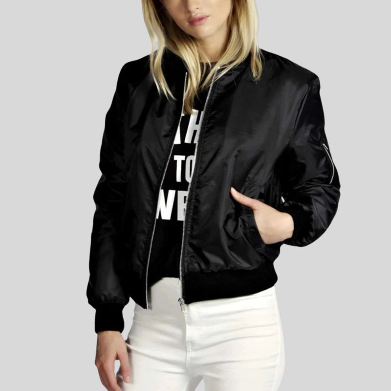 Trendy Women's Black Satin Bomber Jacket - Lightweight Zip-Up for Stylish Comfort