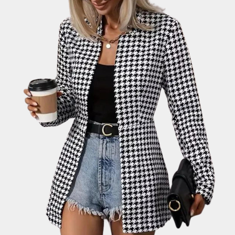 Trendy Women's Black & White Houndstooth Blazer - Stylish Office Jacket for Professional Wear