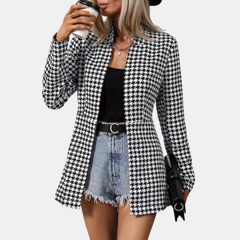 Trendy Women's Black & White Houndstooth Blazer - Stylish Office Jacket for Professional Wear