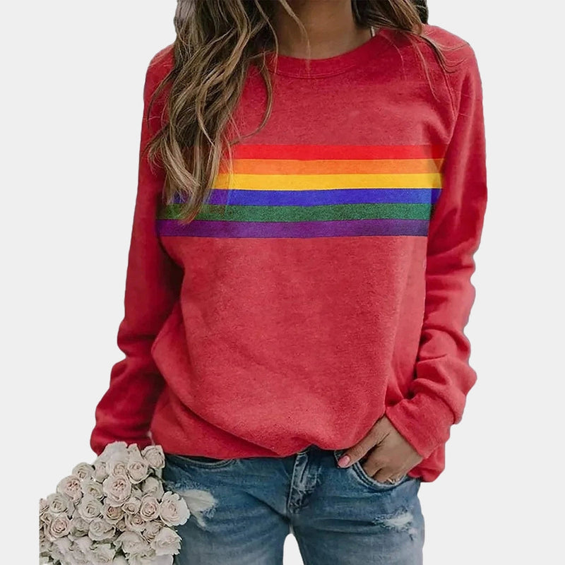 Women's Blue Rainbow Stripe Long Sleeve Crew Neck Sweatshirt - Cozy Casual Top for Everyday Wear