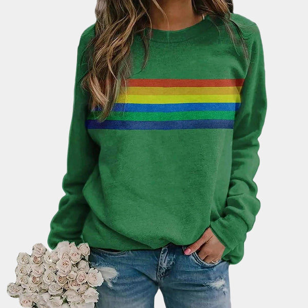 Women's Blue Rainbow Stripe Long Sleeve Crew Neck Sweatshirt - Cozy Casual Top for Everyday Wear