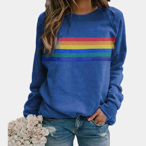 Women's Blue Rainbow Stripe Long Sleeve Crew Neck Sweatshirt - Cozy Casual Top for Everyday Wear