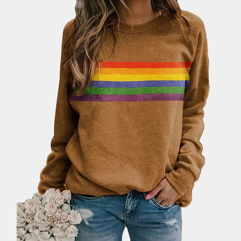 Women's Blue Rainbow Stripe Long Sleeve Crew Neck Sweatshirt - Cozy Casual Top for Everyday Wear