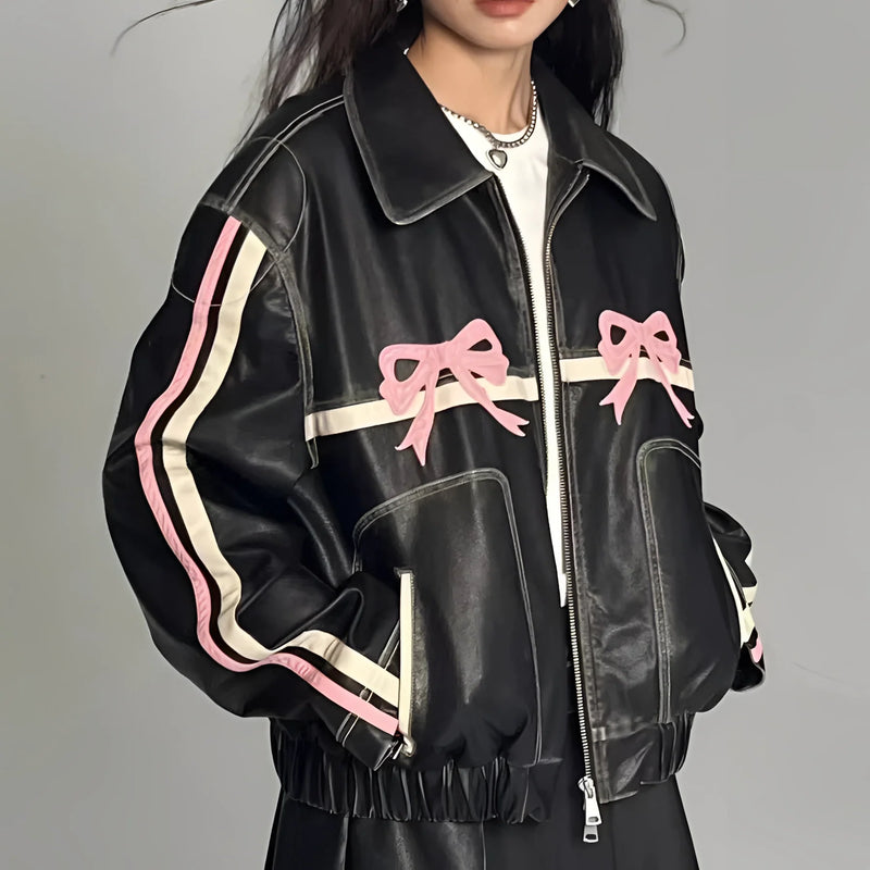 Stylish Women's Designer Leather Jacket with Bow Motif & Metallic Stripes - Trendy Fashion Outerwear