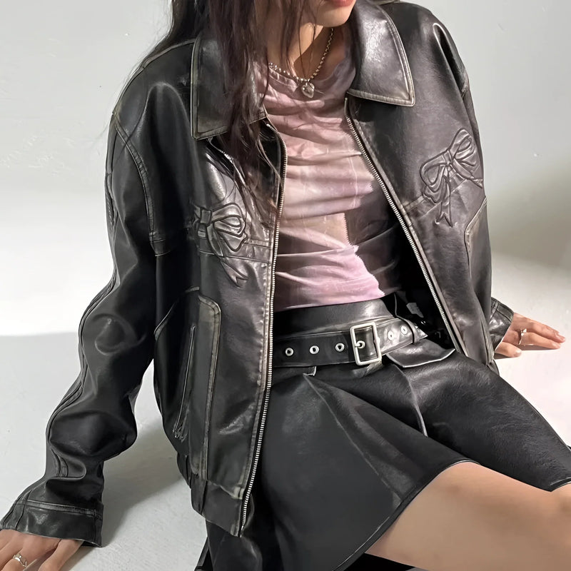 Stylish Women's Designer Leather Jacket with Bow Motif & Metallic Stripes - Trendy Fashion Outerwear