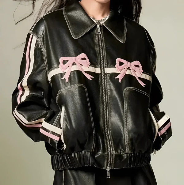 Stylish Women's Designer Leather Jacket with Bow Motif & Metallic Stripes - Trendy Fashion Outerwear