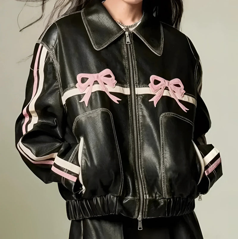 Stylish Women's Designer Leather Jacket with Bow Motif & Metallic Stripes - Trendy Fashion Outerwear