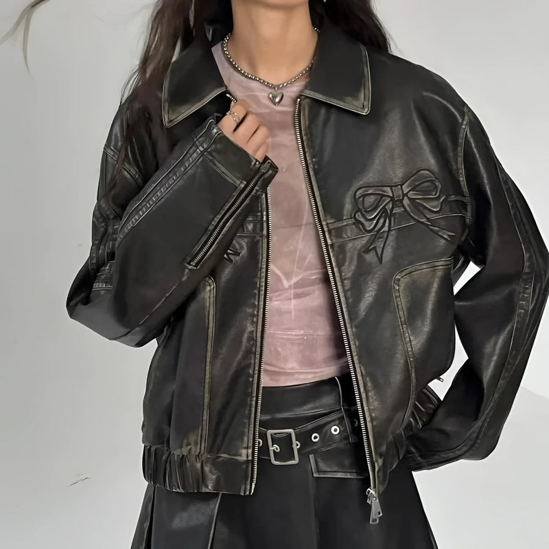Stylish Women's Designer Leather Jacket with Bow Motif & Metallic Stripes - Trendy Fashion Outerwear