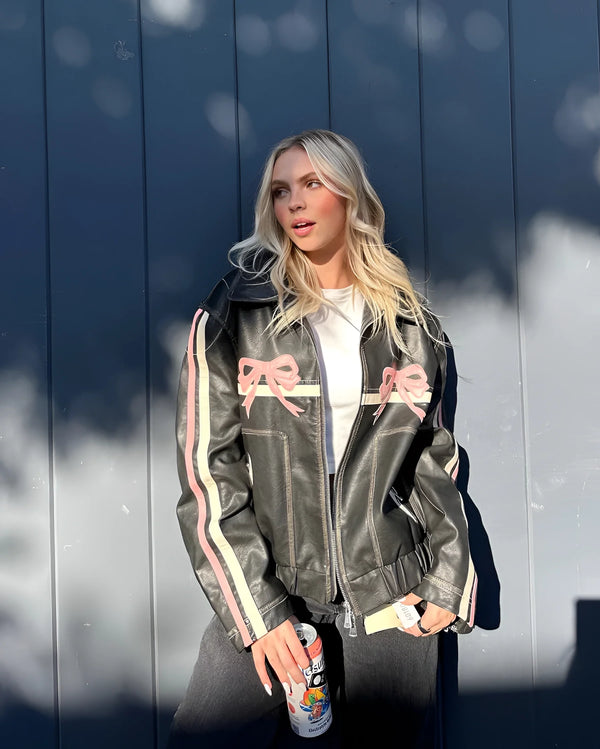Stylish Women's Designer Leather Jacket with Bow Motif & Metallic Stripes - Trendy Fashion Outerwear