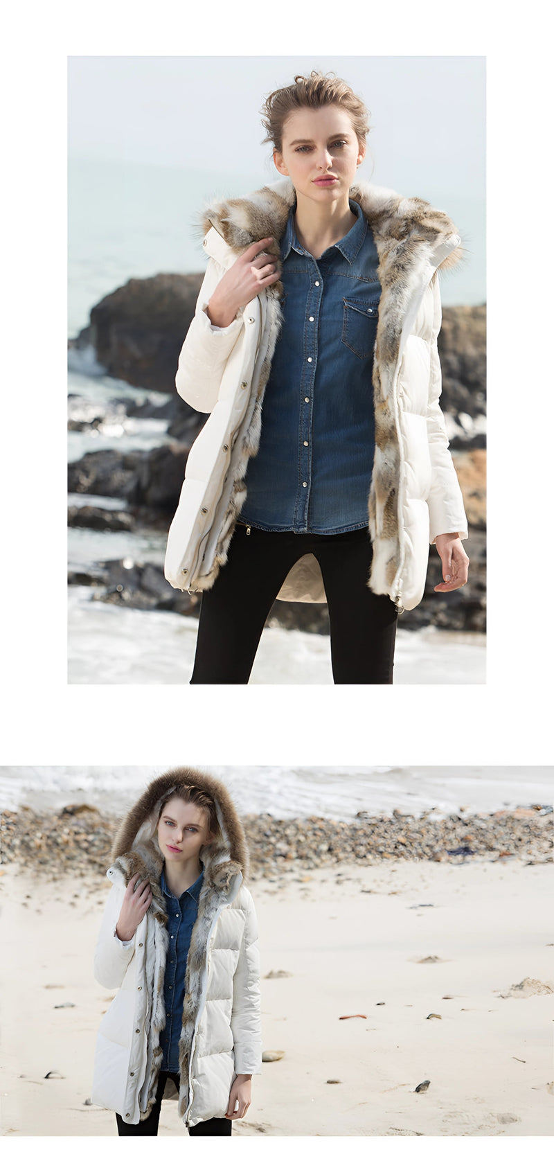 Women's Luxury White Puffer Jacket with Fur Hood - Stylish Winter Coat for Ultimate Warmth and Comfort