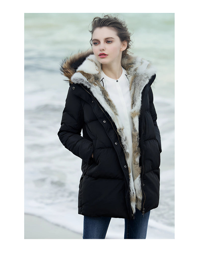 Women's Luxury White Puffer Jacket with Fur Hood - Stylish Winter Coat for Ultimate Warmth and Comfort