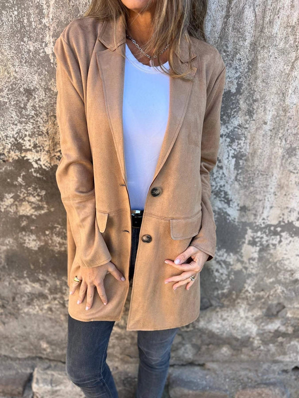 Women's Lightweight Tan Suede Blazer - Stylish Fall Fashion Jacket for Effortless Elegance