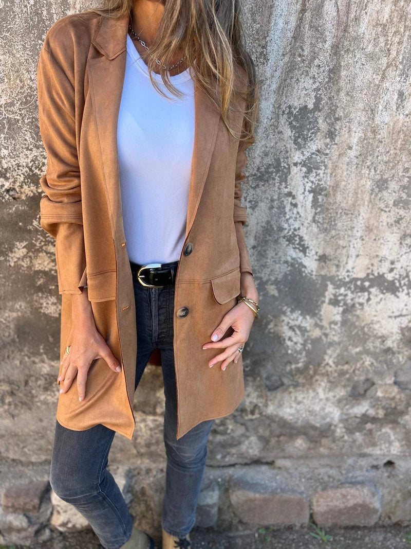 Women's Lightweight Tan Suede Blazer - Stylish Fall Fashion Jacket for Effortless Elegance