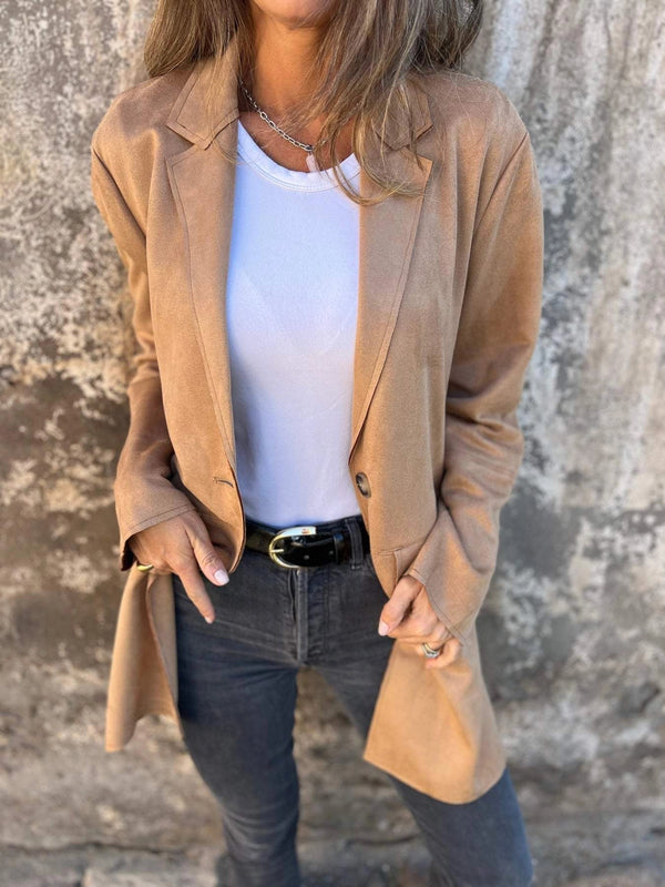 Women's Lightweight Tan Suede Blazer - Stylish Fall Fashion Jacket for Effortless Elegance