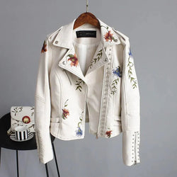 Women's Spring Floral Embroidered White Leather Bomber Jacket - Stylish Moto Jacket for Women