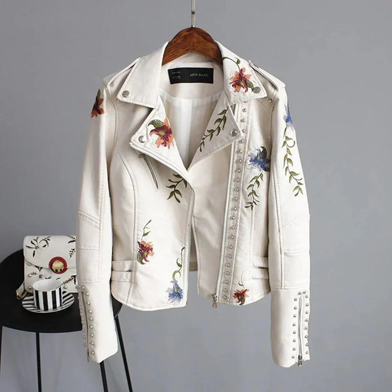 Women's Spring Floral Embroidered White Leather Bomber Jacket - Stylish Moto Jacket for Women