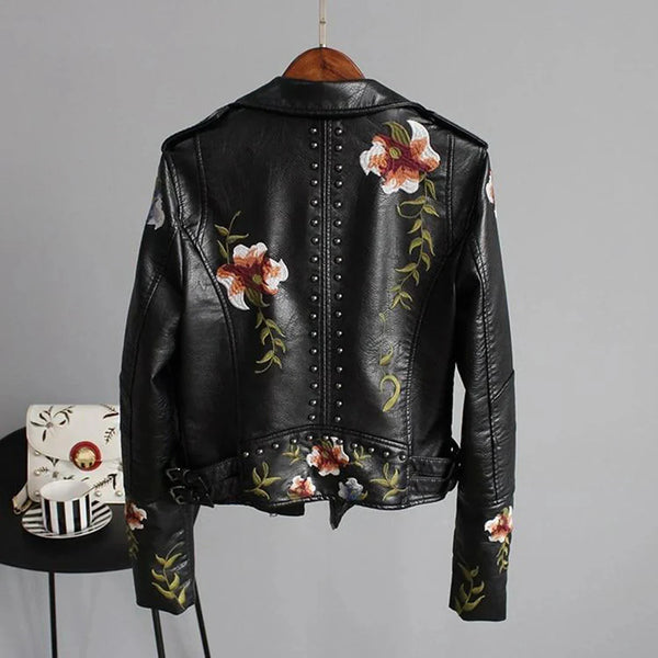 Women's Spring Floral Embroidered White Leather Bomber Jacket - Stylish Moto Jacket for Women