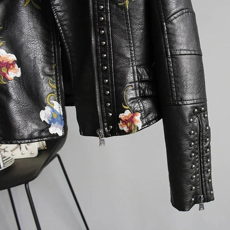 Women's Spring Floral Embroidered White Leather Bomber Jacket - Stylish Moto Jacket for Women