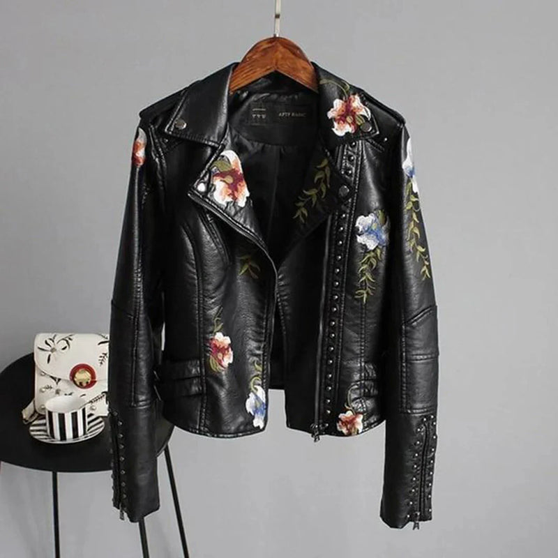 Women's Spring Floral Embroidered White Leather Bomber Jacket - Stylish Moto Jacket for Women
