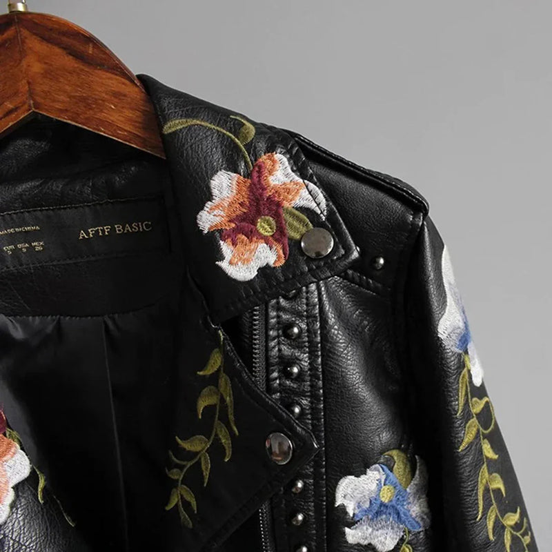Women's Spring Floral Embroidered White Leather Bomber Jacket - Stylish Moto Jacket for Women