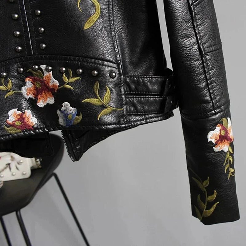Women's Spring Floral Embroidered White Leather Bomber Jacket - Stylish Moto Jacket for Women