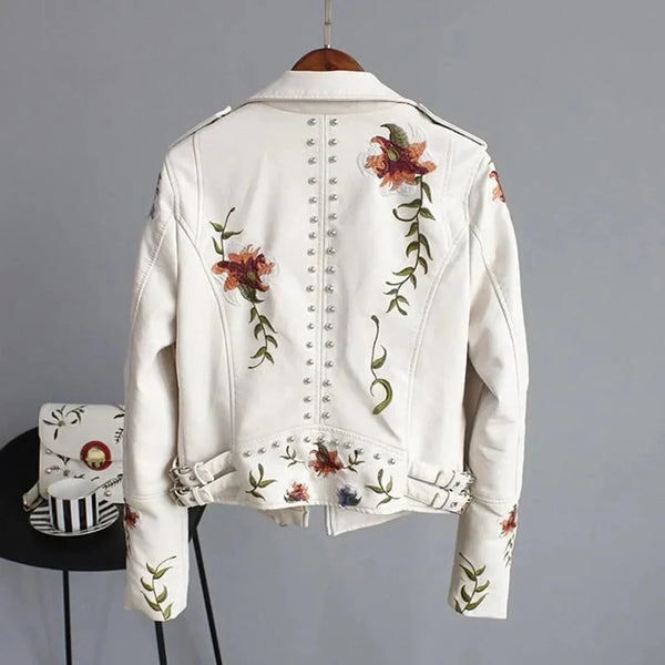 Women's Spring Floral Embroidered White Leather Bomber Jacket - Stylish Moto Jacket for Women