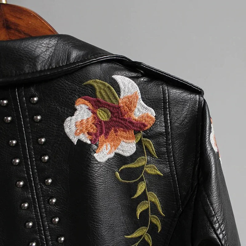 Women's Spring Floral Embroidered White Leather Bomber Jacket - Stylish Moto Jacket for Women