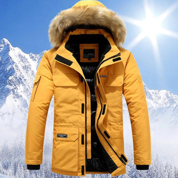 Men's Yellow Waterproof Insulated Ski Jacket with Fur Hood - Ultimate Winter Performance