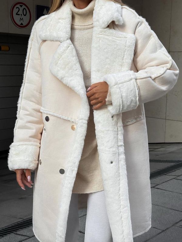 Plus Size Women's Winter Coat - Luxurious Fur with Lapel Collar & Snap Front Closure