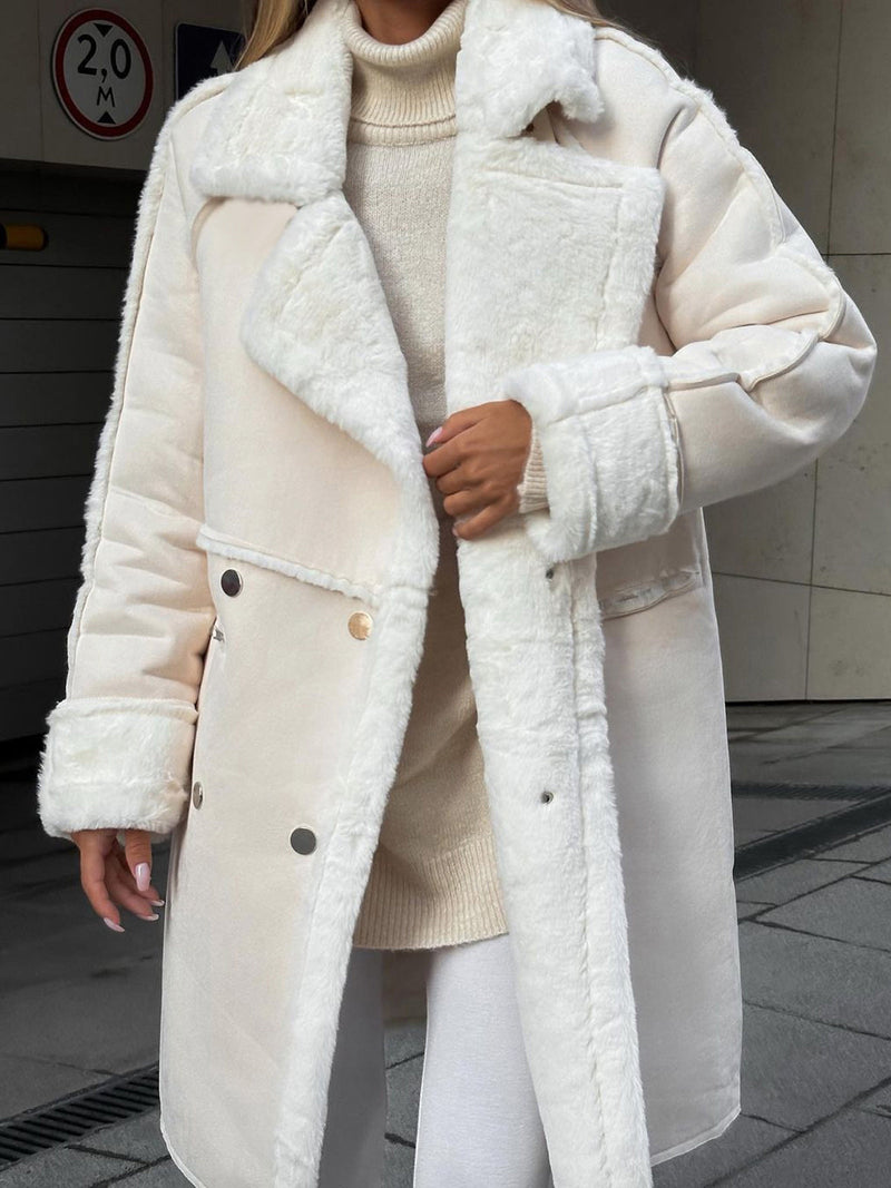Plus Size Women's Winter Coat - Luxurious Fur with Lapel Collar & Snap Front Closure