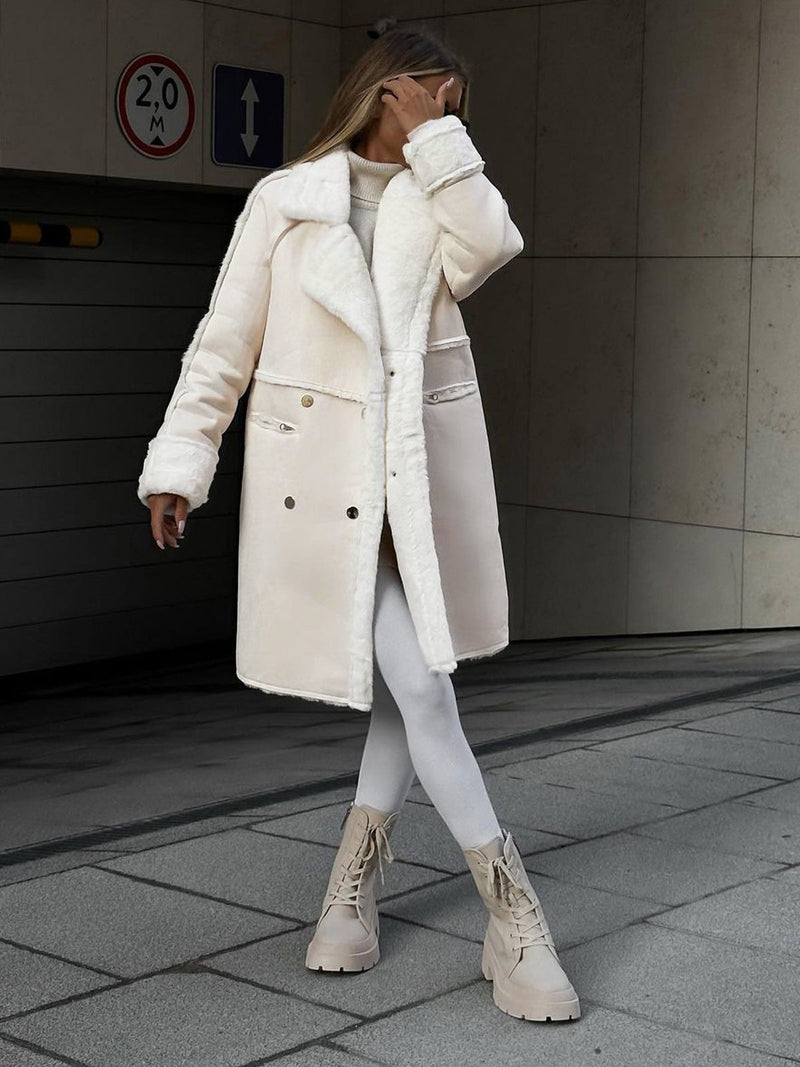 Plus Size Women's Winter Coat - Luxurious Fur with Lapel Collar & Snap Front Closure