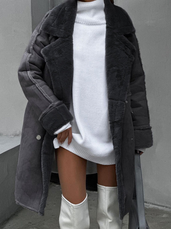 Plus Size Women's Winter Coat - Luxurious Fur with Lapel Collar & Snap Front Closure