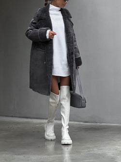 Plus Size Women's Winter Coat - Luxurious Fur with Lapel Collar & Snap Front Closure