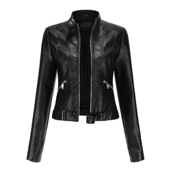 Stylish Women's Leather Jacket with Zip Closure, High Collar, and Adjustable Belt - Perfect for Any Season