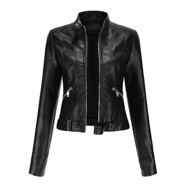 Stylish Women's Leather Jacket with Zip Closure, High Collar, and Adjustable Belt - Perfect for Any Season