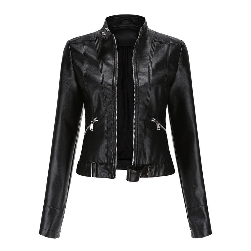 Stylish Women's Leather Jacket with Zip Closure, High Collar, and Adjustable Belt - Perfect for Any Season