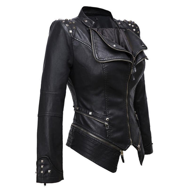 Women's Fitted Biker Leather Jacket - Studded Lapel & Cuffs, Zippered Details - Stylish & Durable Outerwear