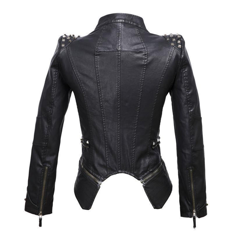 Women's Fitted Biker Leather Jacket - Studded Lapel & Cuffs, Zippered Details - Stylish & Durable Outerwear