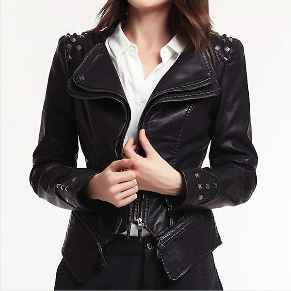 Women's Fitted Biker Leather Jacket - Studded Lapel & Cuffs, Zippered Details - Stylish & Durable Outerwear