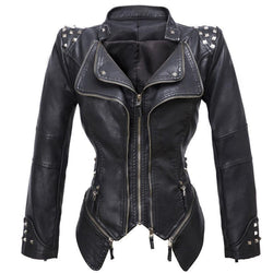 Women's Fitted Biker Leather Jacket - Studded Lapel & Cuffs, Zippered Details - Stylish & Durable Outerwear