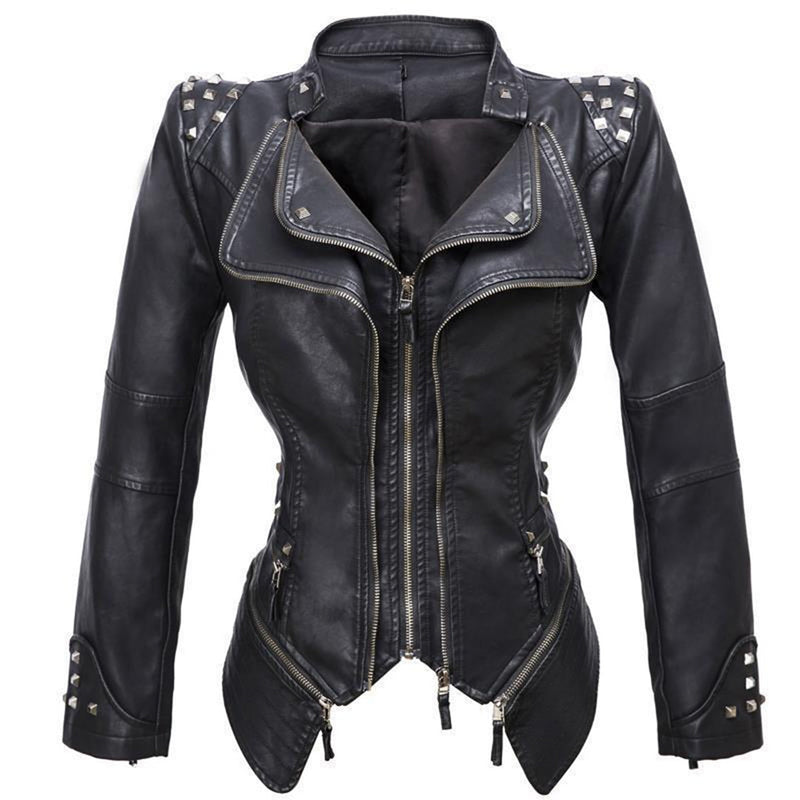 Women's Fitted Biker Leather Jacket - Studded Lapel & Cuffs, Zippered Details - Stylish & Durable Outerwear